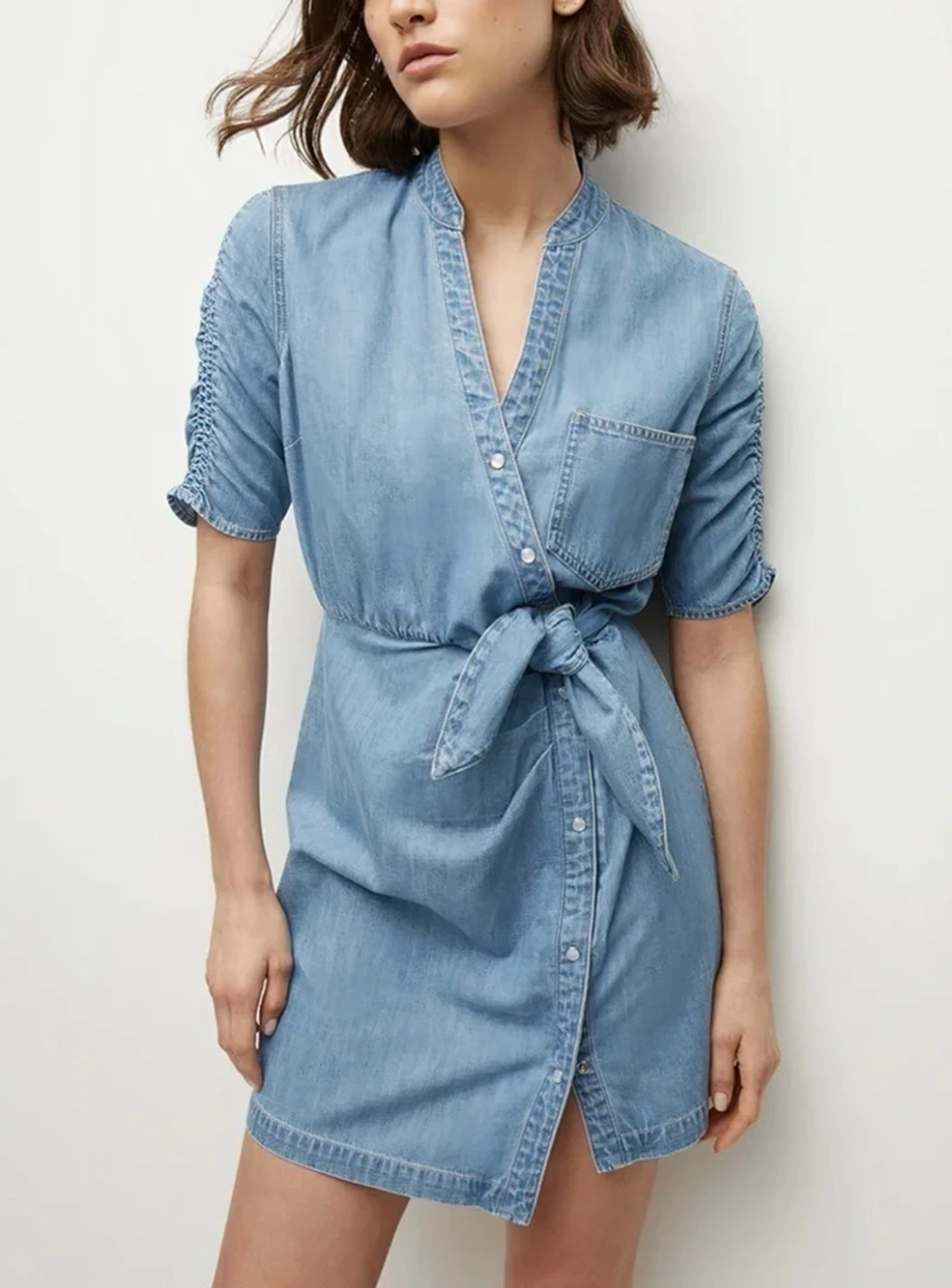 Veronica Beard Dunn Denim Mini Dress 4 Blue Tie Waist Puff Sleeve Western Prepp